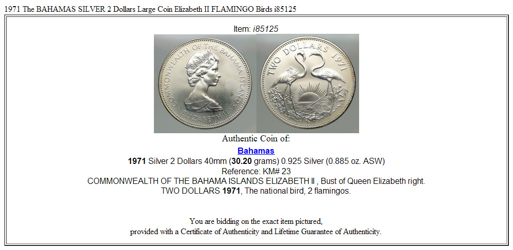 1971 The BAHAMAS SILVER 2 Dollars Large Coin Elizabeth II FLAMINGO Birds i85125