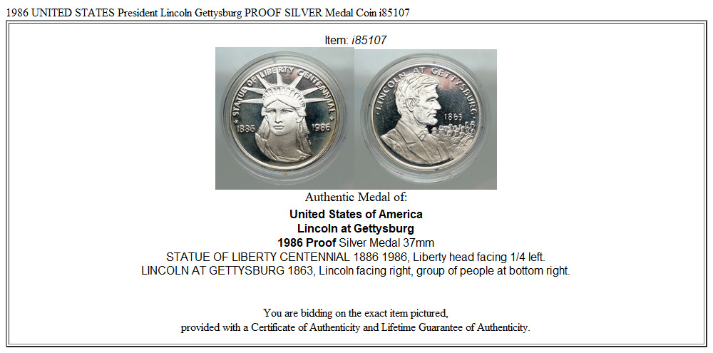 1986 UNITED STATES President Lincoln Gettysburg PROOF SILVER Medal Coin i85107