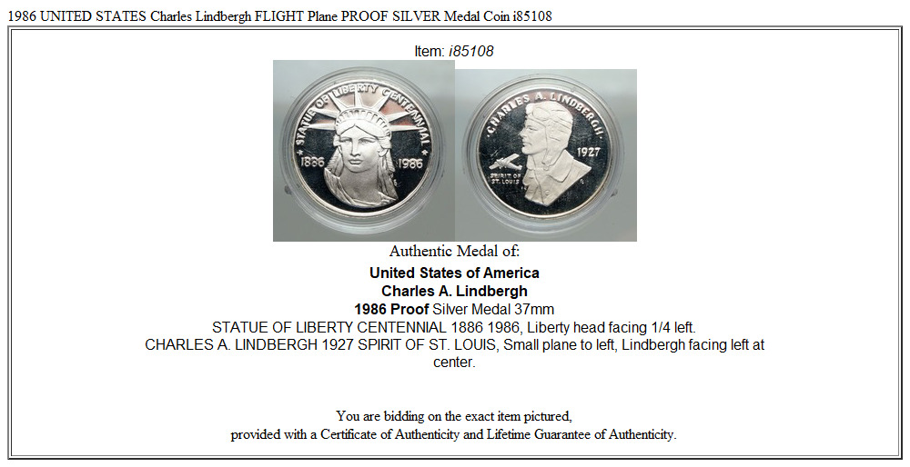 1986 UNITED STATES Charles Lindbergh FLIGHT Plane PROOF SILVER Medal Coin i85108