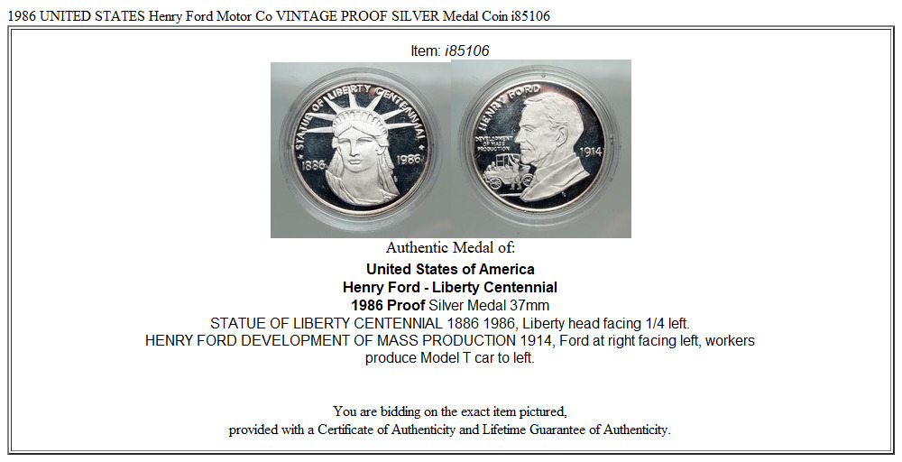 1986 UNITED STATES Henry Ford Motor Co VINTAGE PROOF SILVER Medal Coin i85106