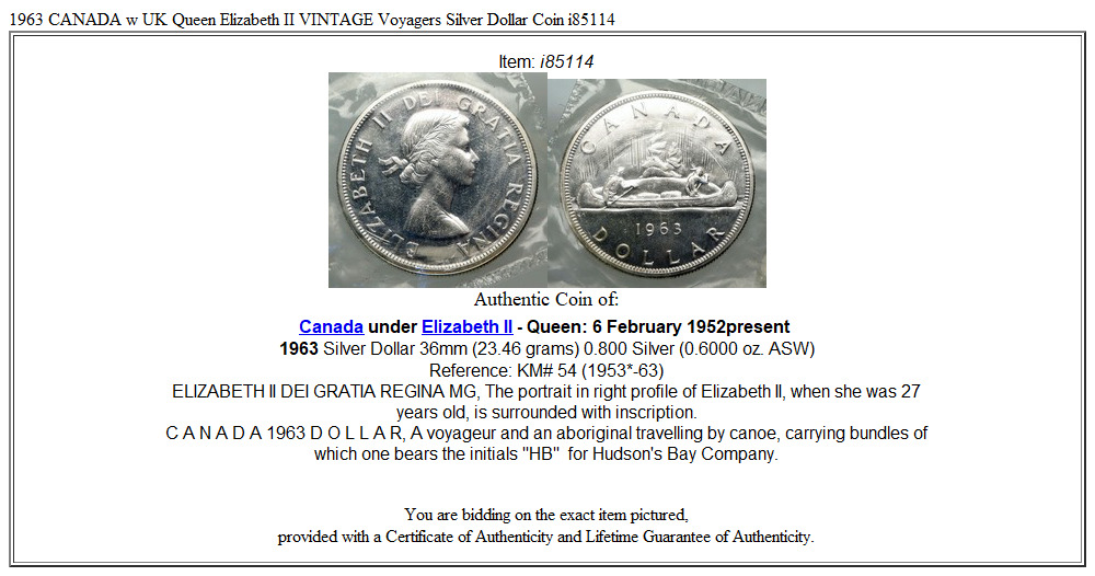 1963 CANADA w UK Queen Elizabeth II VINTAGE Voyagers Silver Dollar Coin i85114