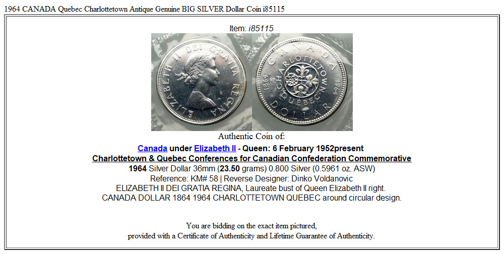 1964 CANADA Quebec Charlottetown Antique Genuine BIG SILVER Dollar Coin i85115