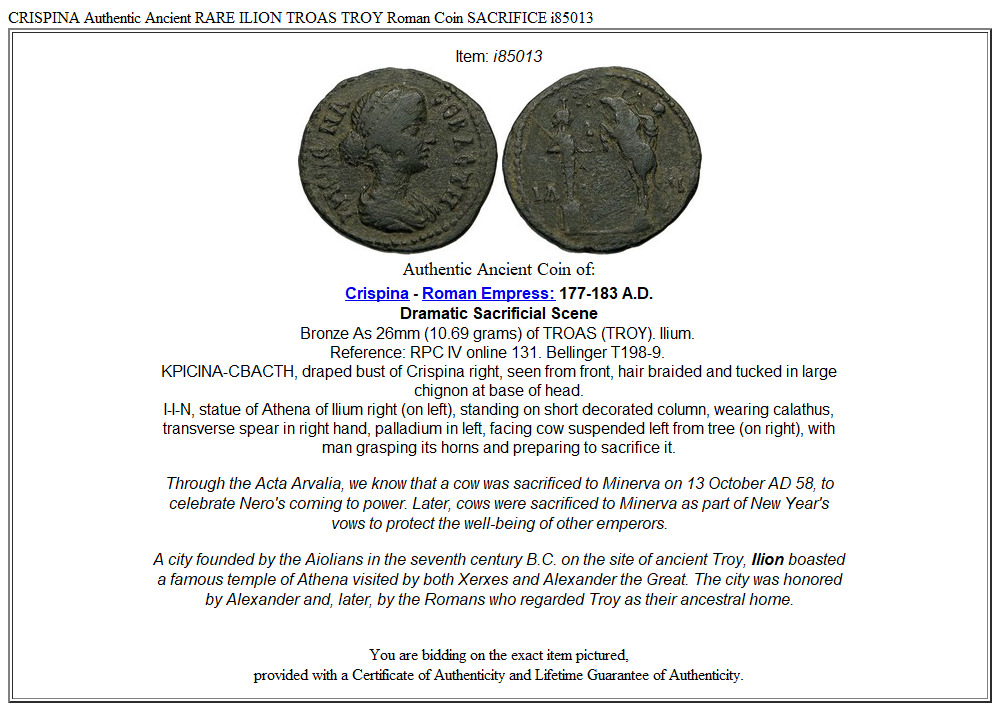 CRISPINA Authentic Ancient RARE ILION TROAS TROY Roman Coin SACRIFICE i85013