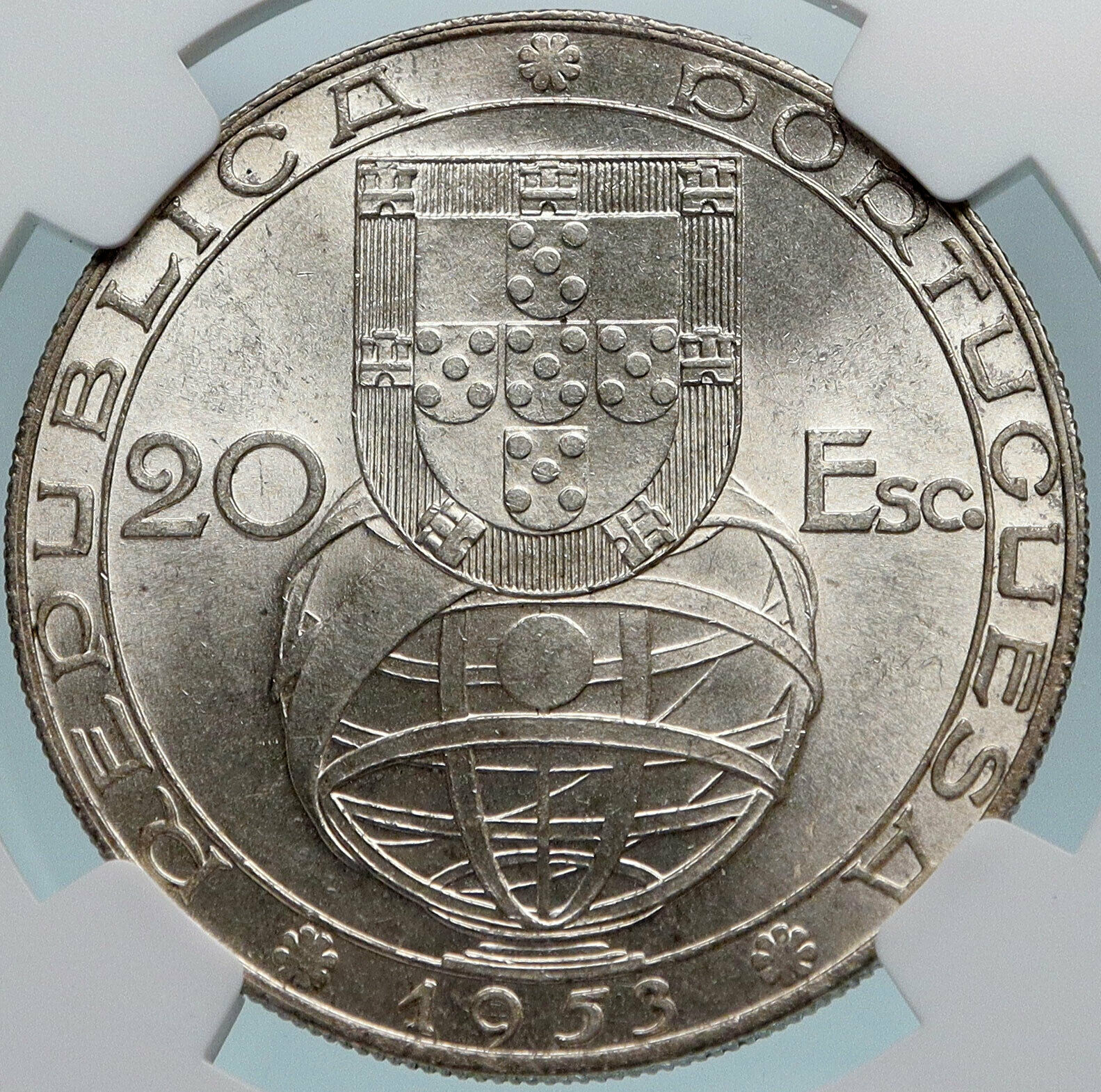 1953 PORTUGAL 25 Years Financial Reform OLD Silver 20 Escudos Coin NGC i85053