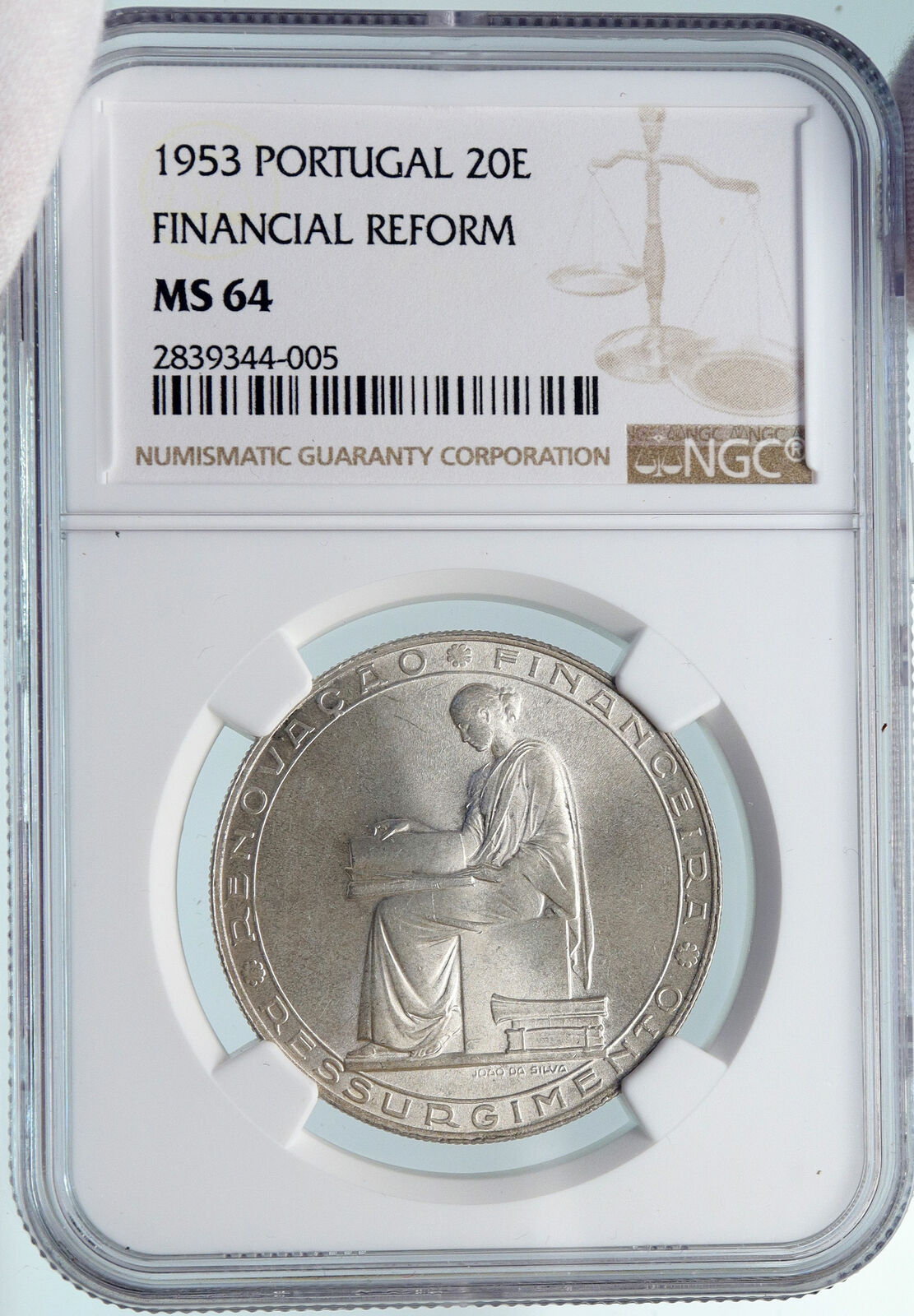 1953 PORTUGAL 25 Years Financial Reform OLD Silver 20 Escudos Coin NGC i85053