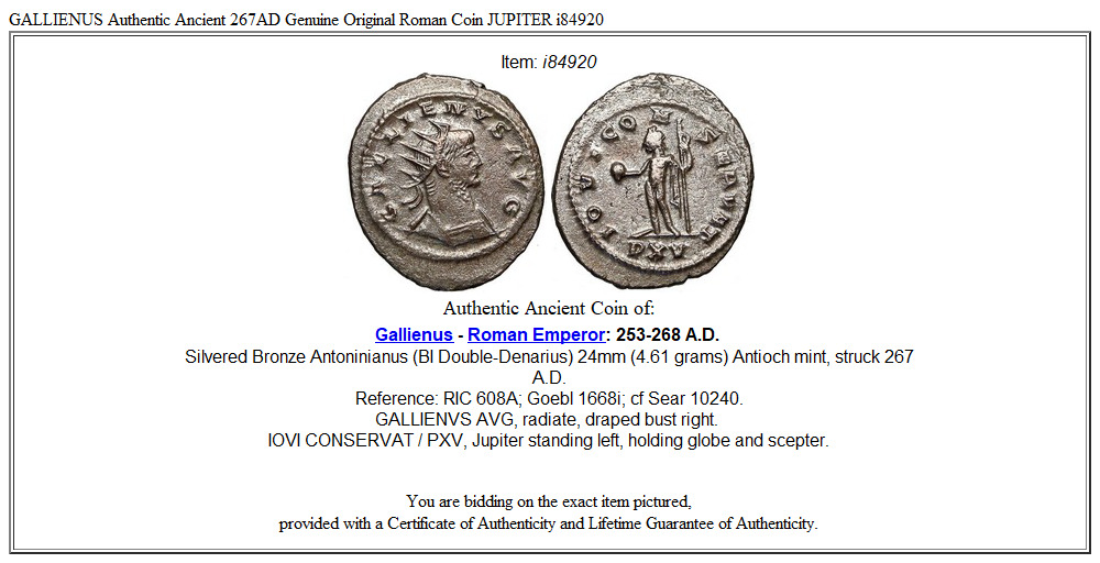 GALLIENUS Authentic Ancient 267AD Genuine Original Roman Coin JUPITER i84920