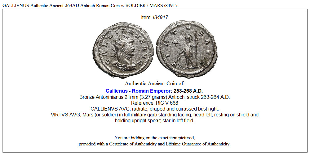 GALLIENUS Authentic Ancient 263AD Antioch Roman Coin w SOLDIER / MARS i84917