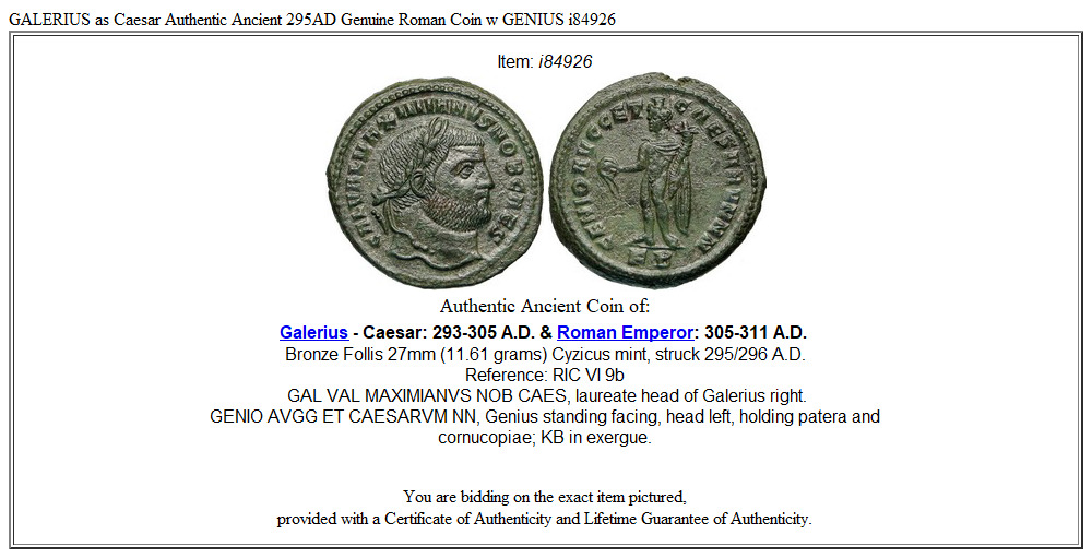 GALERIUS as Caesar Authentic Ancient 295AD Genuine Roman Coin w GENIUS i84926