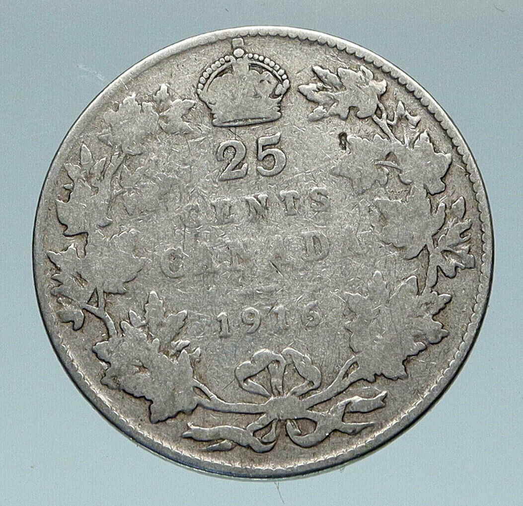 1916 CANADA UK King George V VINTAGE Antique RARE SILVER 25 CENTS Coin i85173