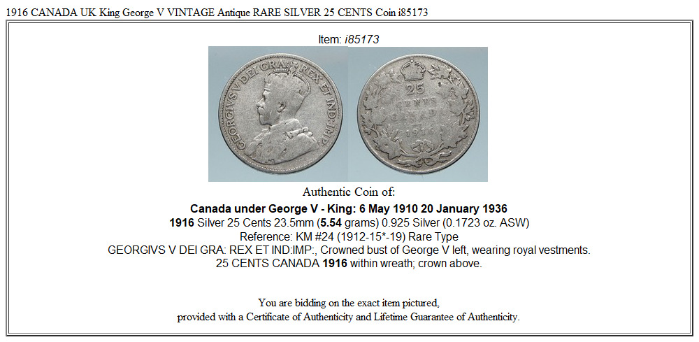 1916 CANADA UK King George V VINTAGE Antique RARE SILVER 25 CENTS Coin i85173