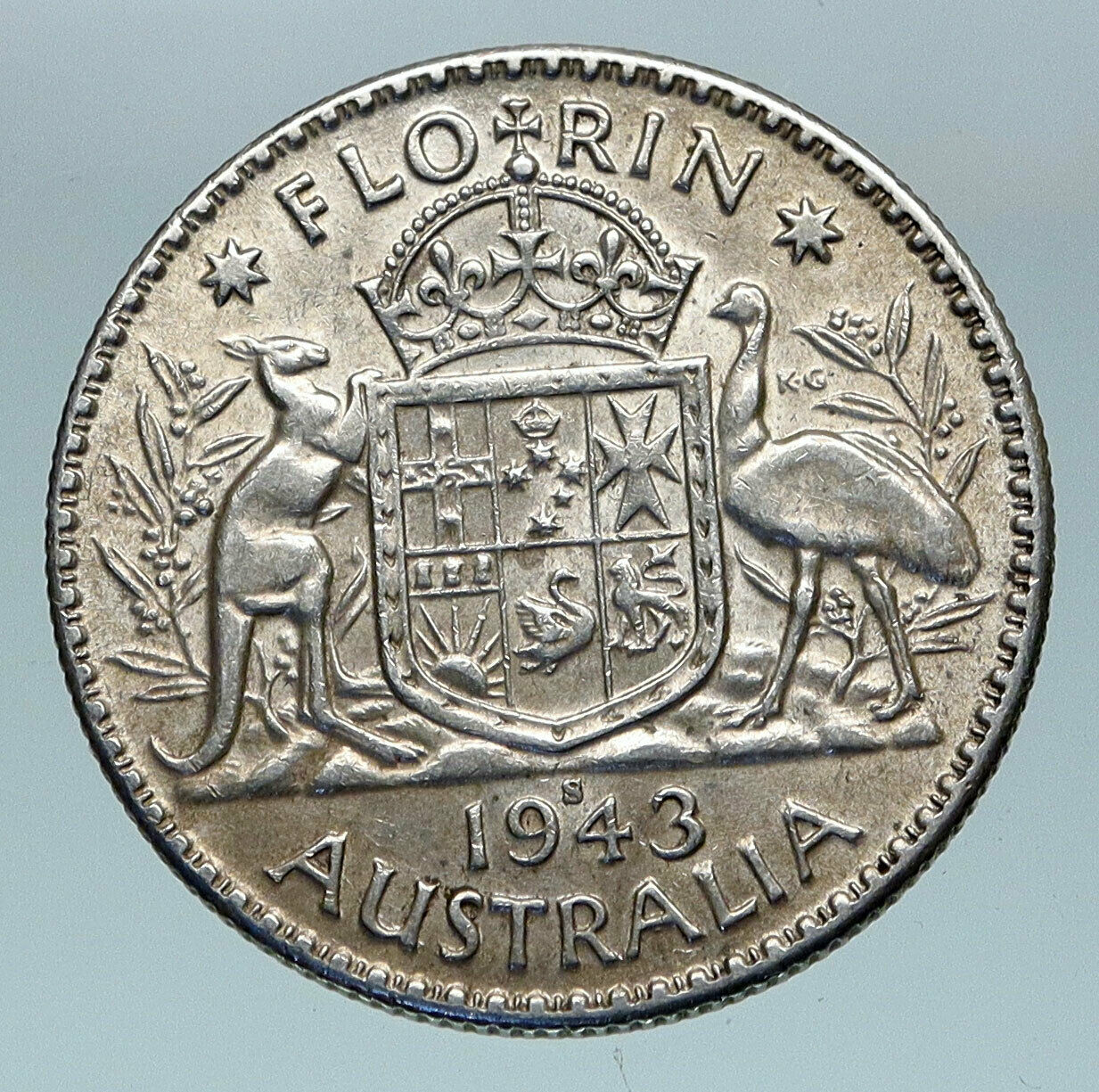 1943 AUSTRALIA Large King George VI Kangaroos Antique Silver Florin Coin i85169