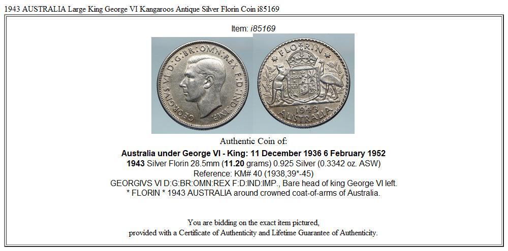 1943 AUSTRALIA Large King George VI Kangaroos Antique Silver Florin Coin i85169