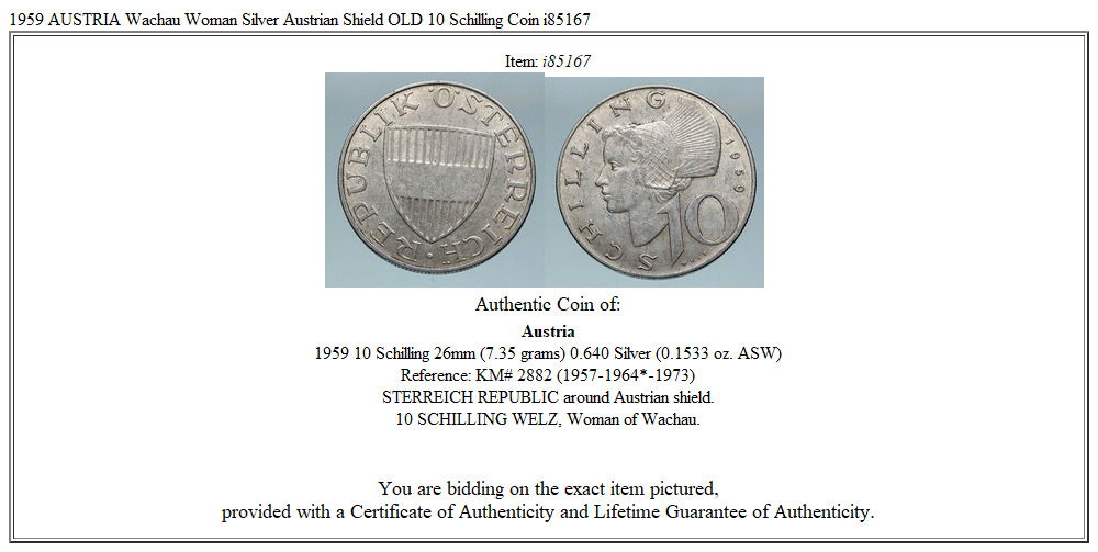 1959 AUSTRIA Wachau Woman Silver Austrian Shield OLD 10 Schilling Coin i85167