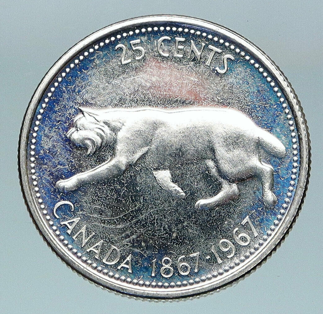1967 CANADA Confederation Centennial Silver 25 Cents Coin LYNX Wild Cat i85163
