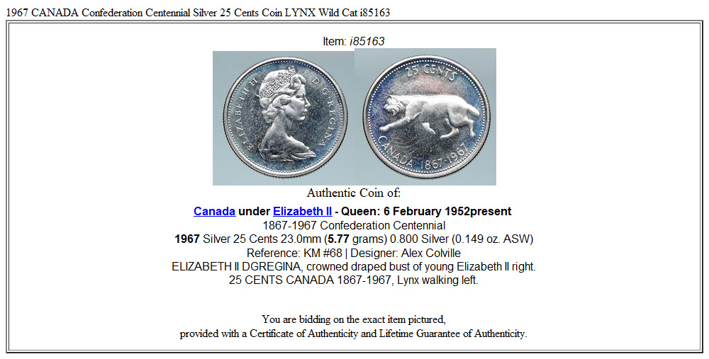 1967 CANADA Confederation Centennial Silver 25 Cents Coin LYNX Wild Cat i85163