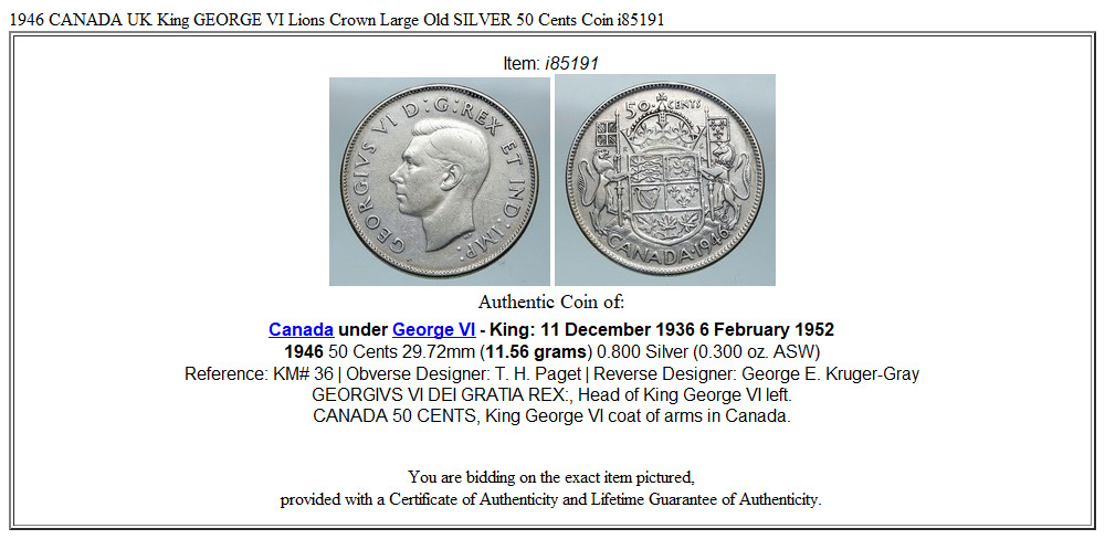 1946 CANADA UK King GEORGE VI Lions Crown Large Old SILVER 50 Cents Coin i85191