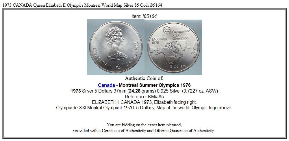 1973 CANADA Queen Elizabeth II Olympics Montreal World Map Silver $5 Coin i85164