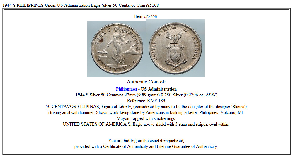 1944 S PHILIPPINES Under US Administration Eagle Silver 50 Centavos Coin i85168