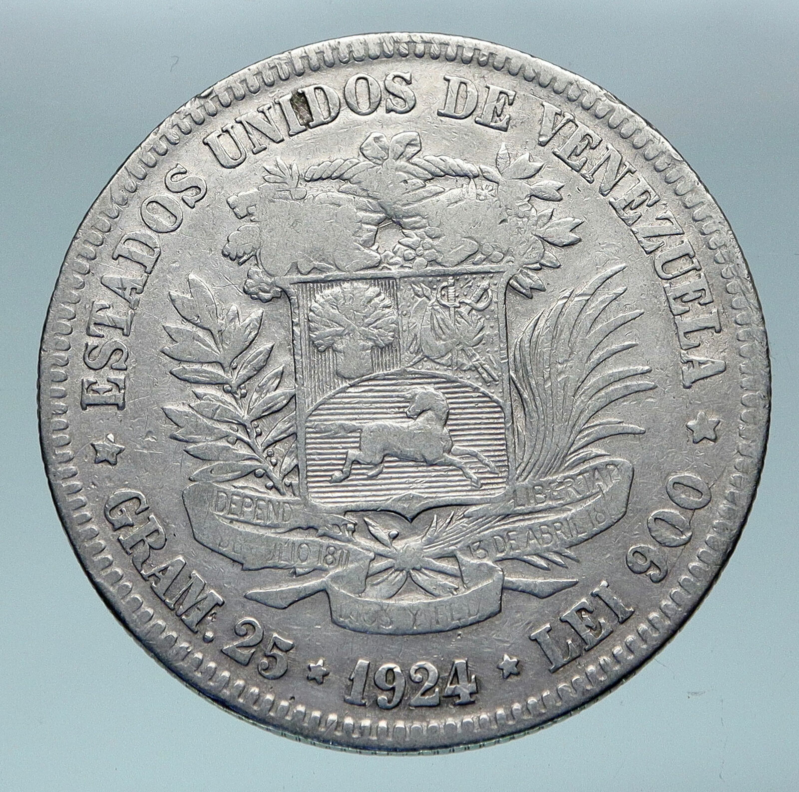 1926 Freemason President Simon Bolivar VENEZUELA Founder Silver 5 B Coin i85162