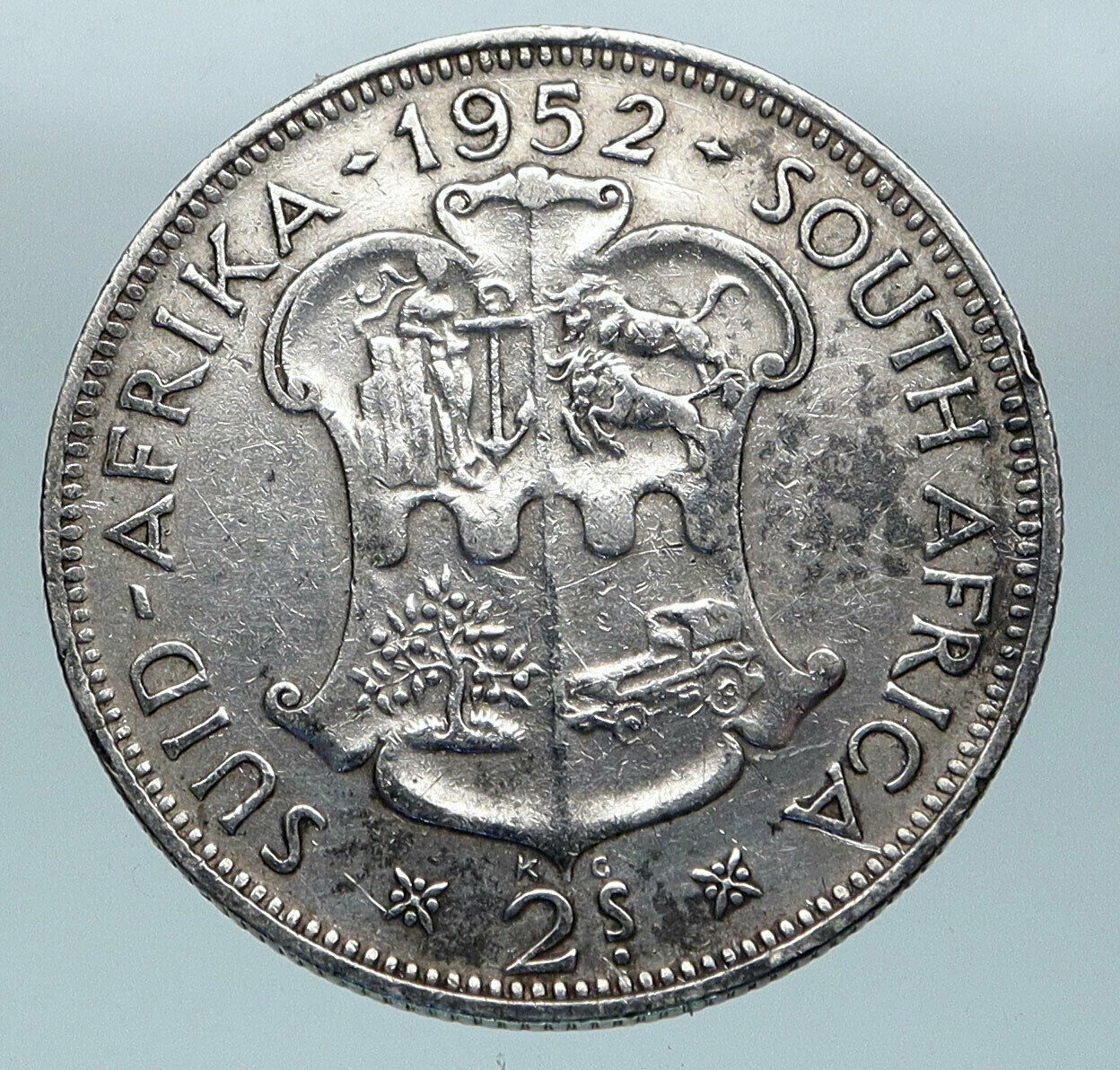 1952 SOUTH AFRICA Large GEORGE VI Shields VINTAGE Silver 2 Shillings Coin i85190