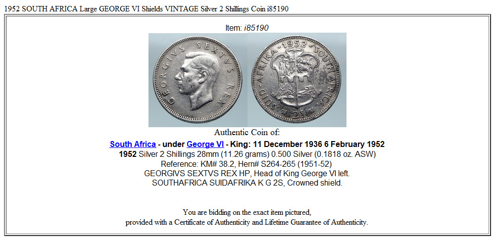 1952 SOUTH AFRICA Large GEORGE VI Shields VINTAGE Silver 2 Shillings Coin i85190