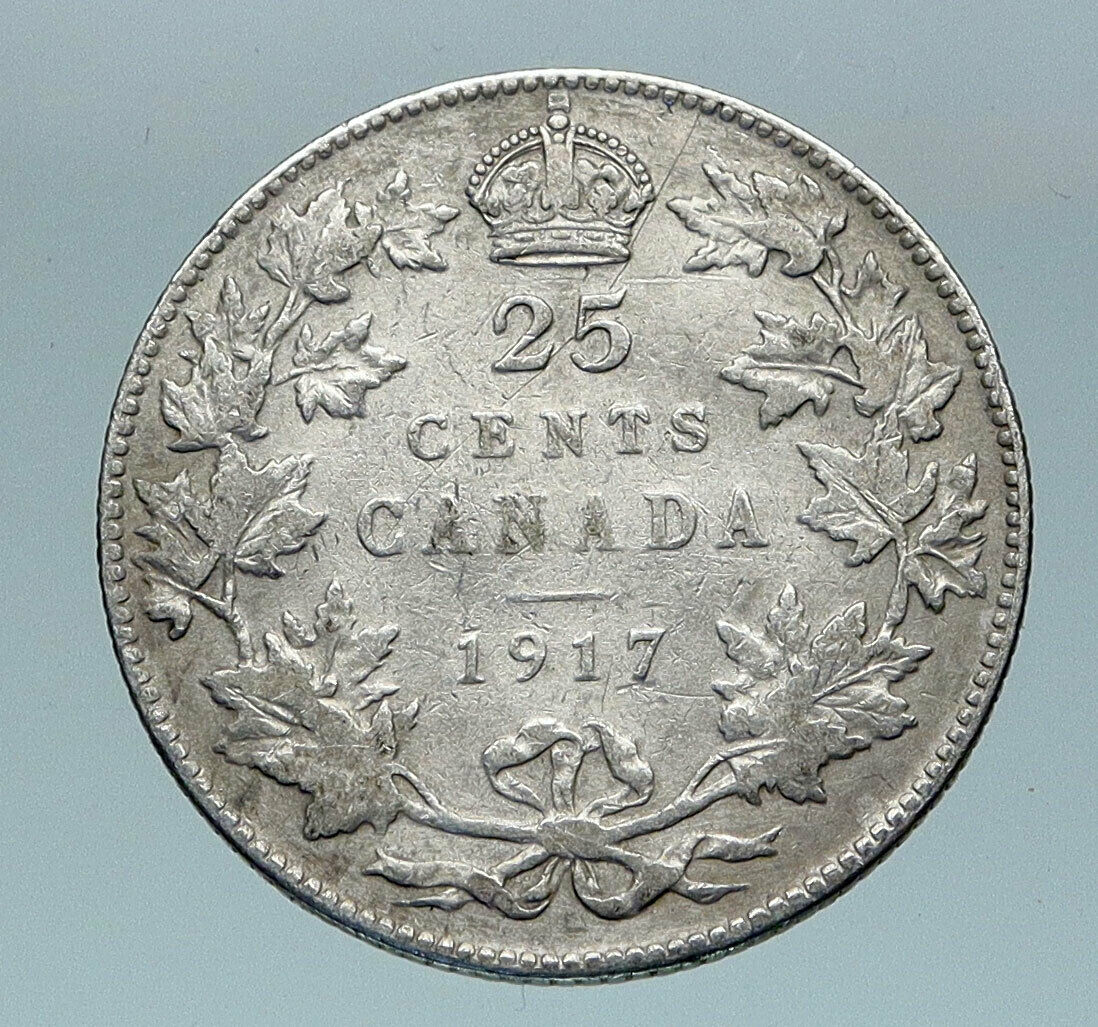 1917 CANADA UK King George V VINTAGE Antique RARE SILVER 25 CENTS Coin i85172