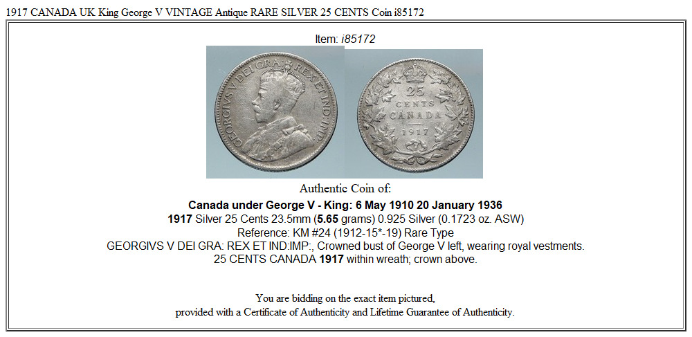 1917 CANADA UK King George V VINTAGE Antique RARE SILVER 25 CENTS Coin i85172