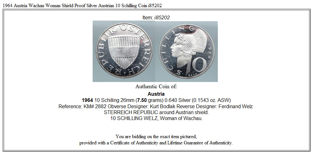 1964 Austria Wachau Woman Shield Proof Silver Austrian 10 Schilling Coin i85202