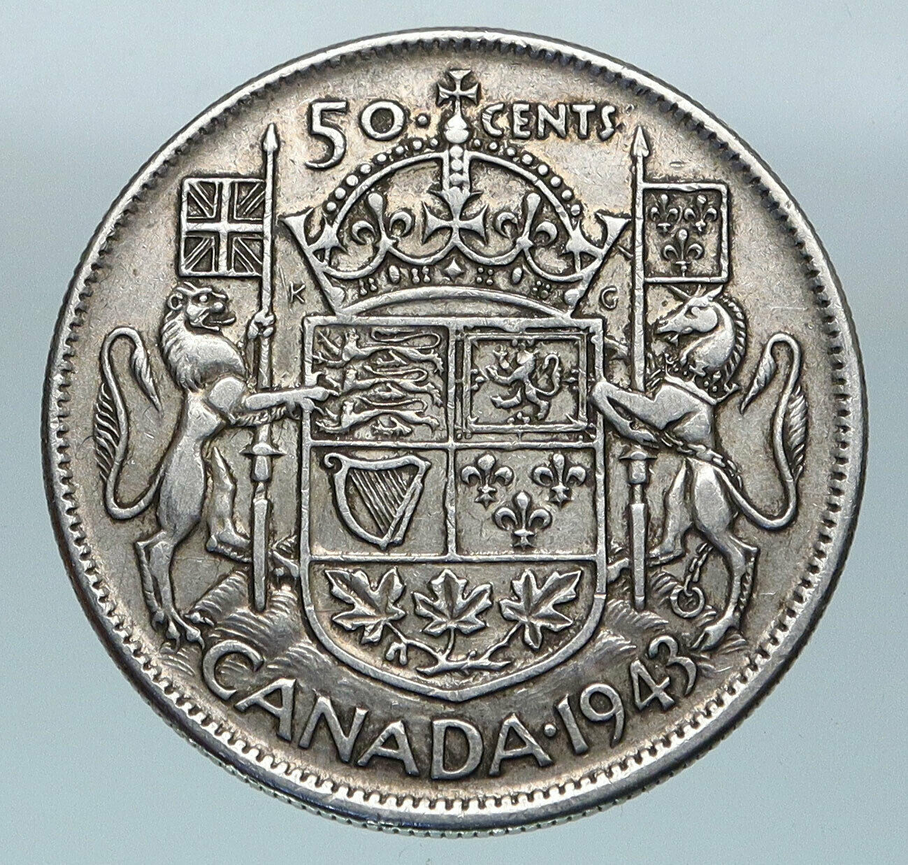 1943 CANADA UK King GEORGE VI Lions Crown Large Old SILVER 50 Cents Coin i85193