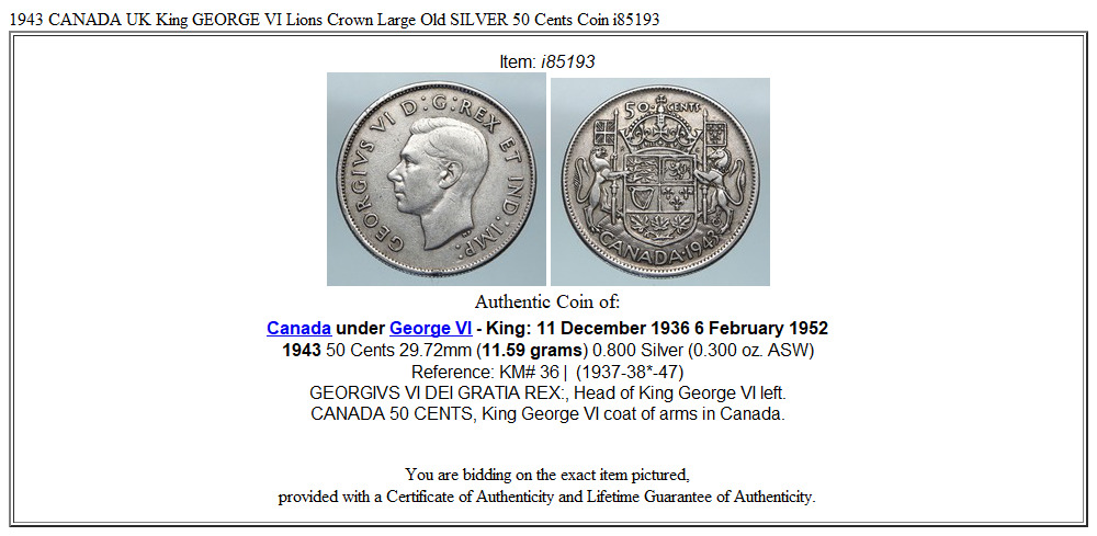 1943 CANADA UK King GEORGE VI Lions Crown Large Old SILVER 50 Cents Coin i85193