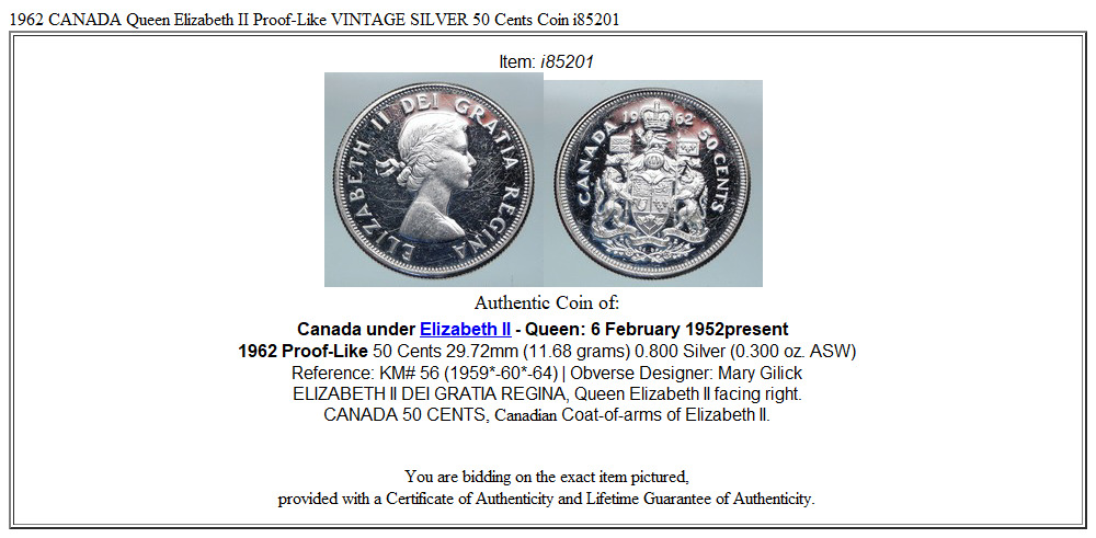 1962 CANADA Queen Elizabeth II Proof-Like VINTAGE SILVER 50 Cents Coin i85201