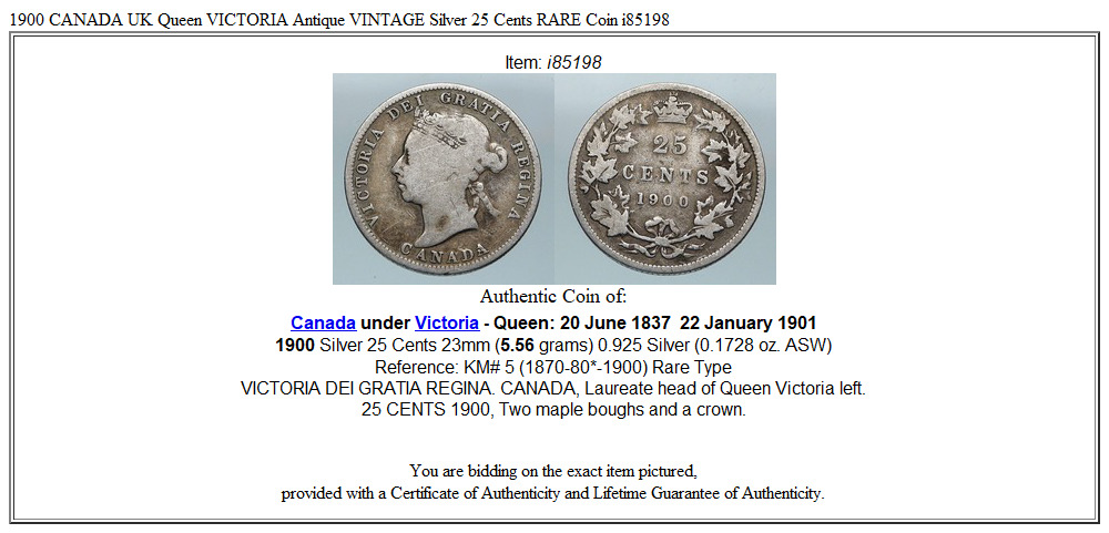 1900 CANADA UK Queen VICTORIA Antique VINTAGE Silver 25 Cents RARE Coin i85198