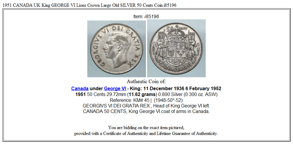 1951 CANADA UK King GEORGE VI Lions Crown Large Old SILVER 50 Cents Coin i85196