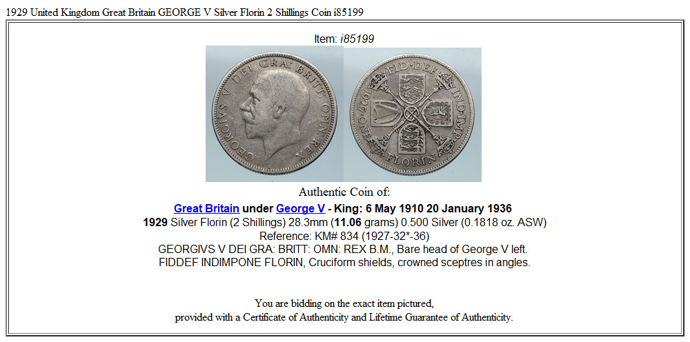 1929 United Kingdom Great Britain GEORGE V Silver Florin 2 Shillings Coin i85199