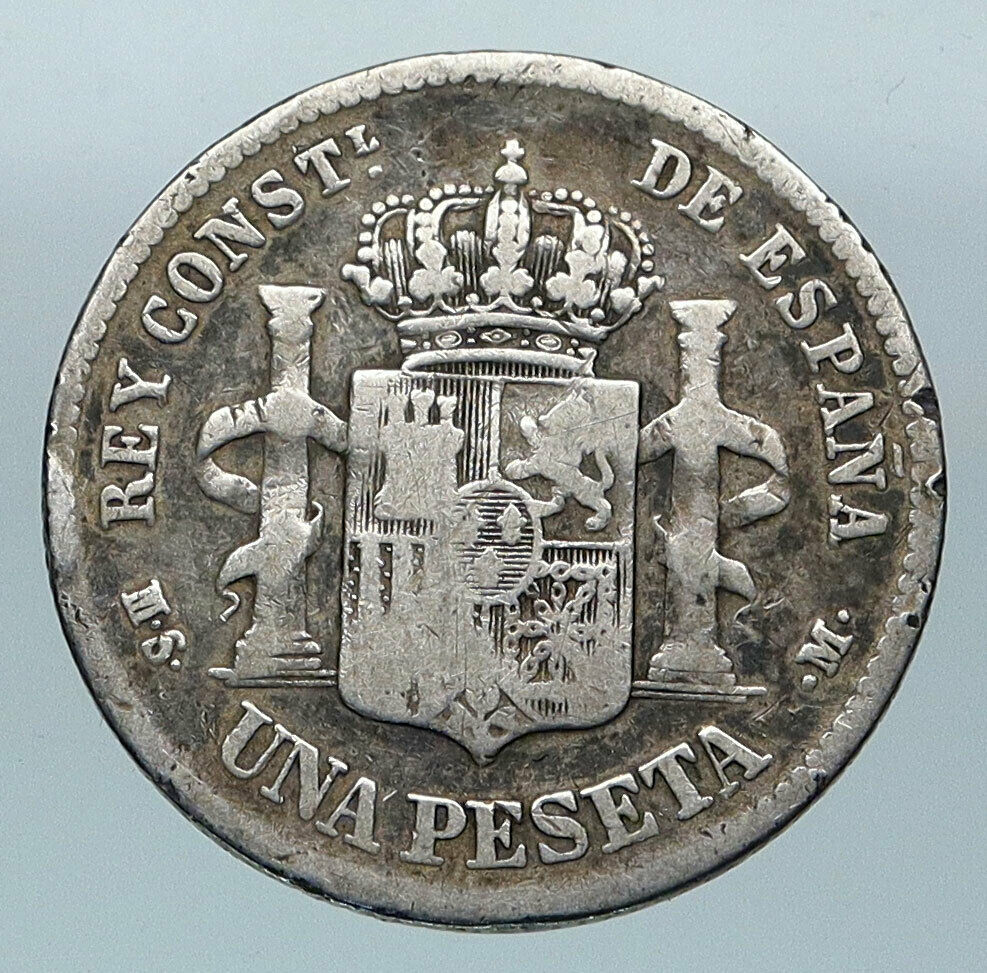 1882 SPAIN Spanish King ALFONSO XII ANTIQUE OLD Silver Peseta RARE Coin i85197