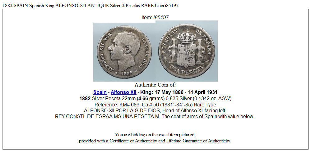 1882 SPAIN Spanish King ALFONSO XII ANTIQUE OLD Silver Peseta RARE Coin i85197