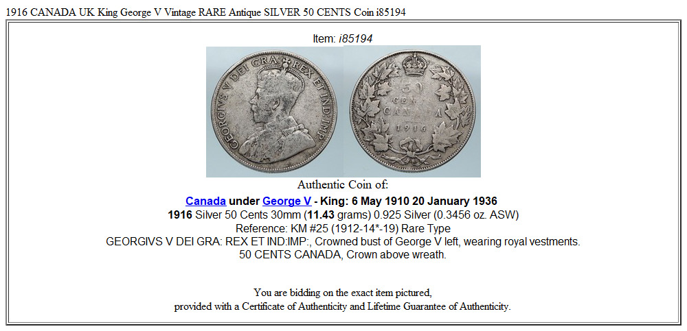 1916 CANADA UK King George V Vintage RARE Antique SILVER 50 CENTS Coin i85194