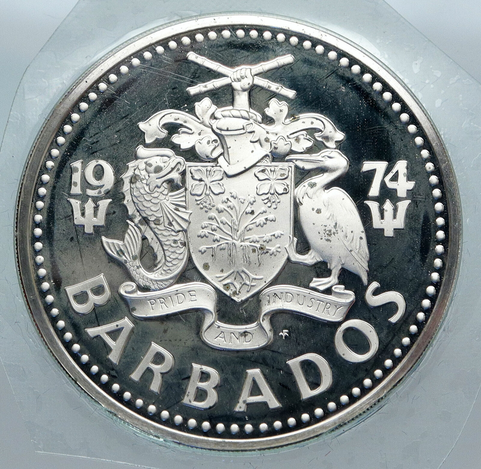 1974 BARBADOS Huge 4.2cm VINTAGE NEPTUNE Old Proof Silver 10 Dollars Coin i85251