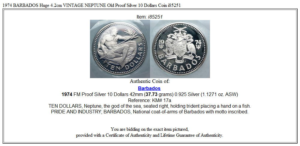 1974 BARBADOS Huge 4.2cm VINTAGE NEPTUNE Old Proof Silver 10 Dollars Coin i85251