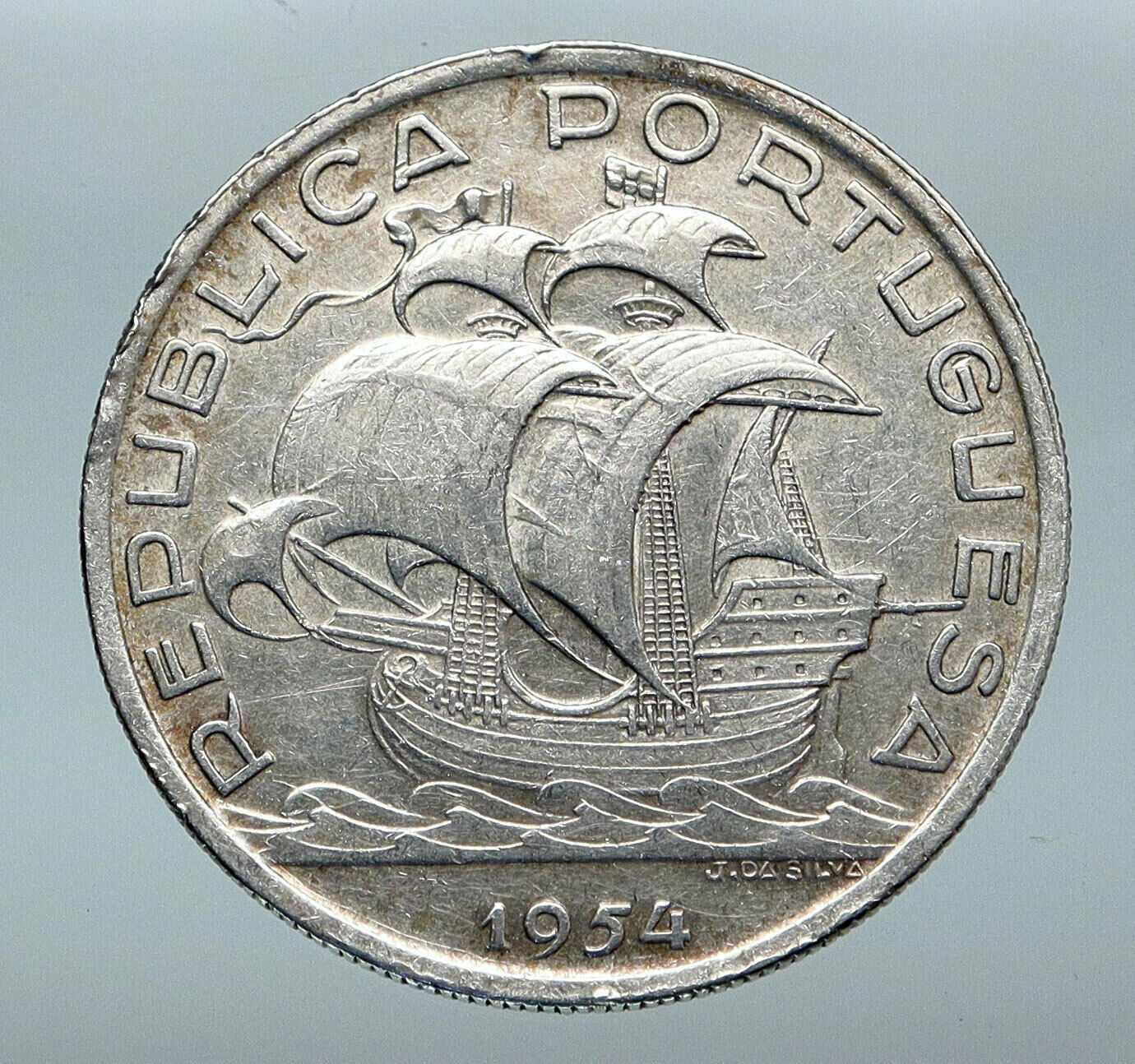 1954 PORTUGAL with PORTUGUESE SAILING SHIP Genuine Silver 10 Escudos Coin i85263