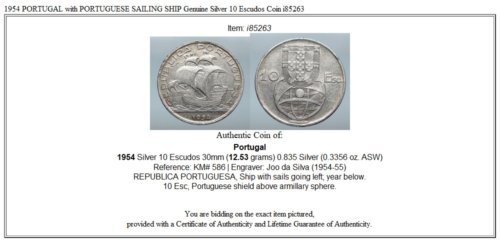 1954 PORTUGAL with PORTUGUESE SAILING SHIP Genuine Silver 10 Escudos Coin i85263