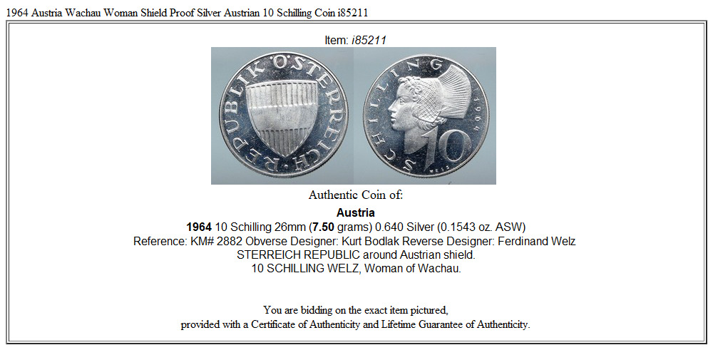 1964 Austria Wachau Woman Shield Proof Silver Austrian 10 Schilling Coin i85211