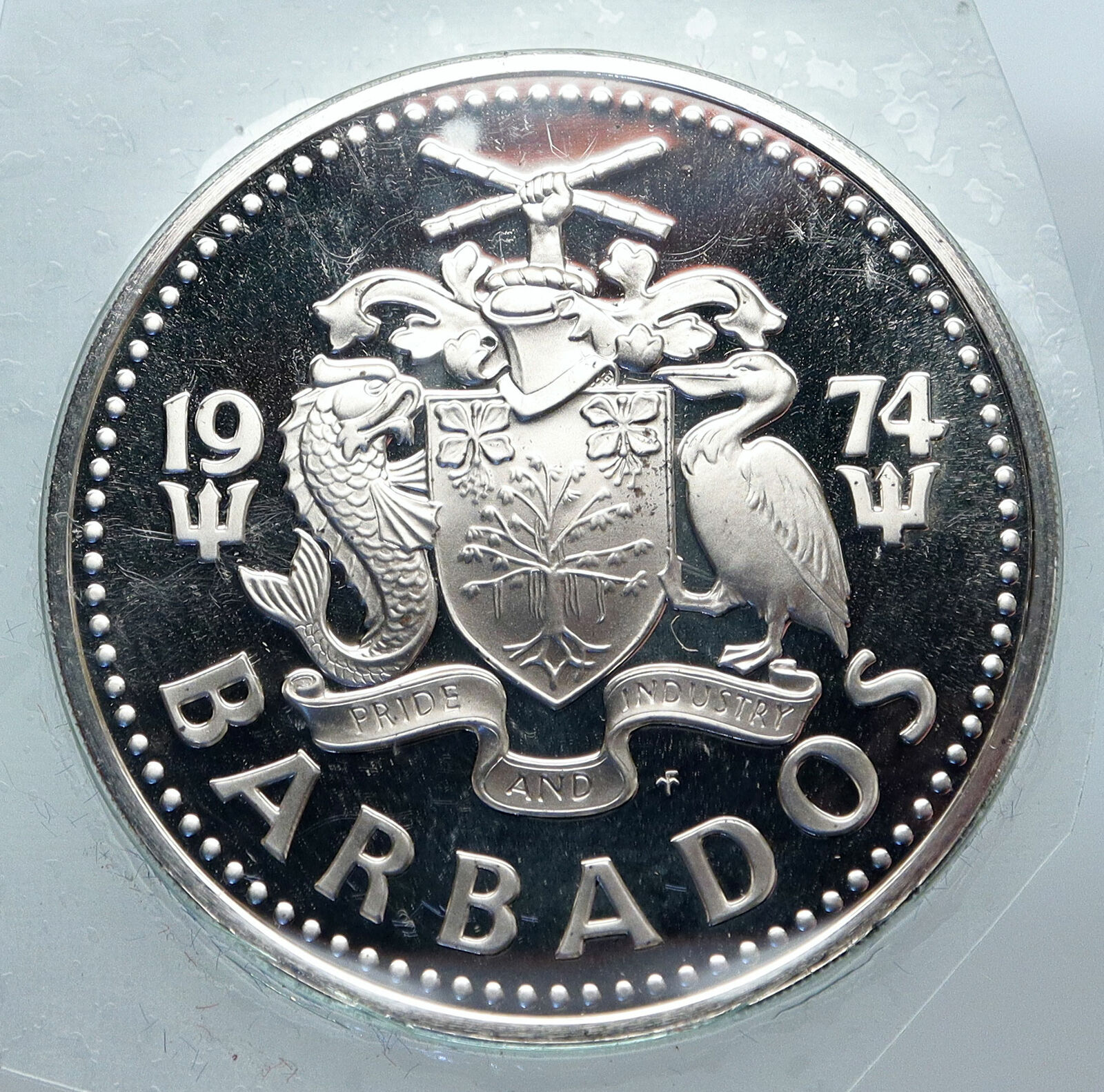 1974 BARBADOS Arms Fountain Trafalgar VINTAGE Proof Silver 5 Dollars Coin i85250