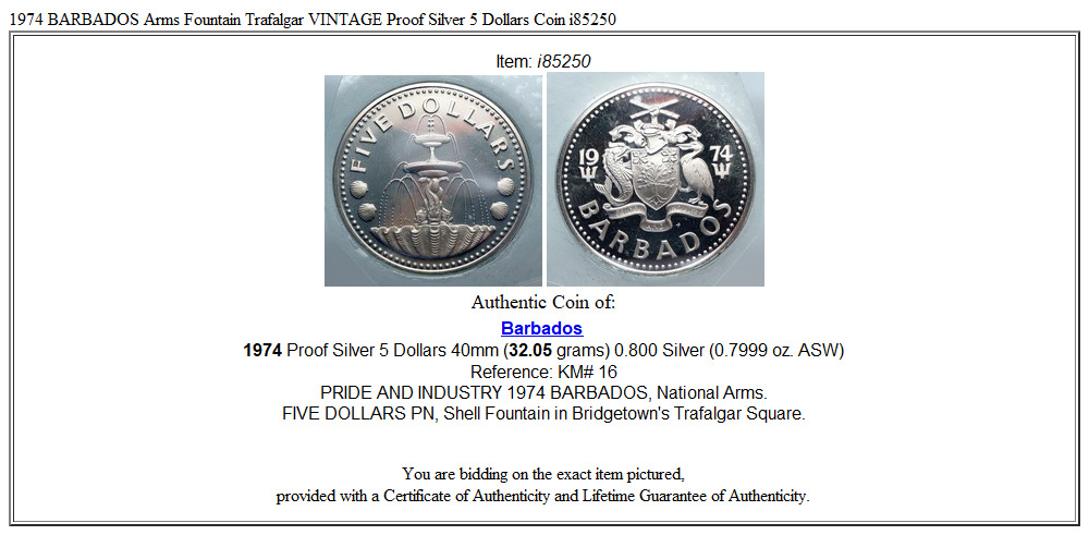 1974 BARBADOS Arms Fountain Trafalgar VINTAGE Proof Silver 5 Dollars Coin i85250