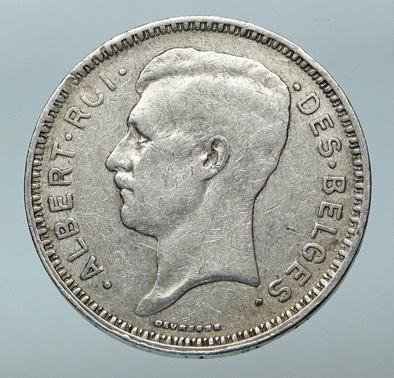 1934 BELGIUM King Albert I Crown Antique Old Genuine Silver 20 Franc Coin i85293