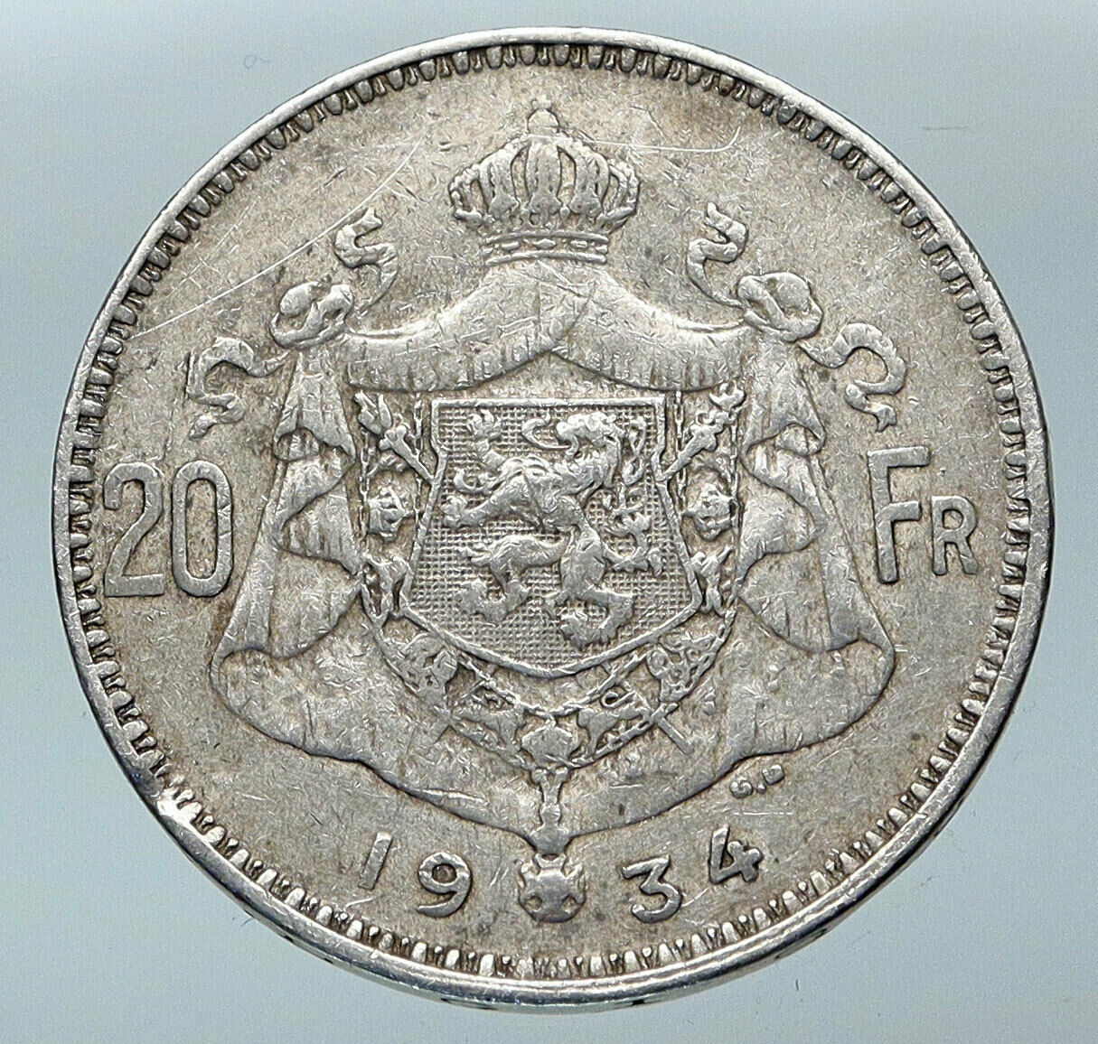 1934 BELGIUM King Albert I Crown Antique Old Genuine Silver 20 Franc Coin i85293