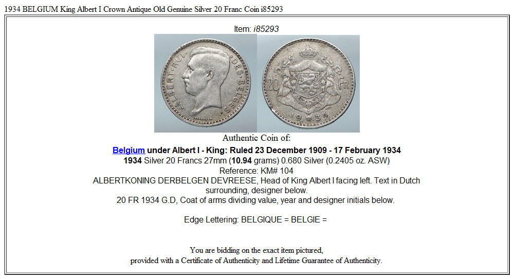 1934 BELGIUM King Albert I Crown Antique Old Genuine Silver 20 Franc Coin i85293