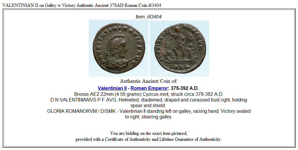 VALENTINIAN II on Galley w Victory Authentic Ancient 378AD Roman Coin i83404