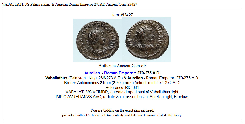 VABALLATHUS Palmyra King & Aurelian Roman Emperor 271AD Ancient Coin i83427