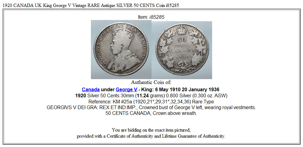 1920 CANADA UK King George V Vintage RARE Antique SILVER 50 CENTS Coin i85285